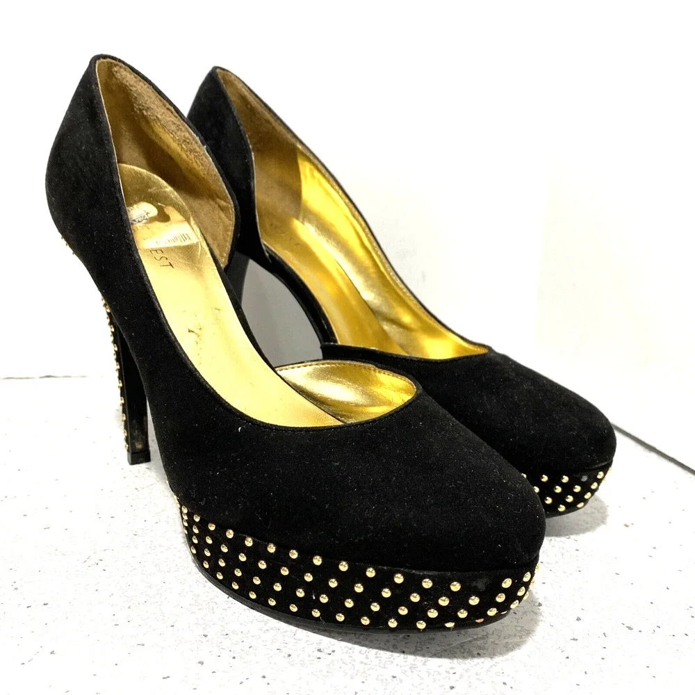 Nine West Gig high heel platform pumps black faux suede & gold studs US size 8M